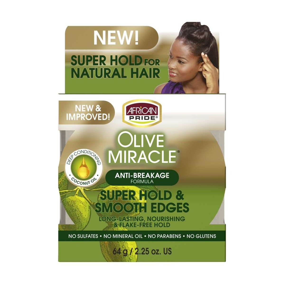 African Pride Olive Miracle Super Hold Bordes suaves 2.25 oz