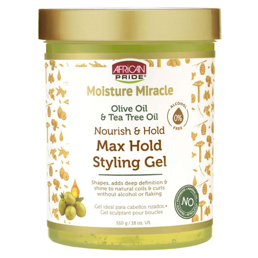 African Pride Moisture Miracle Aceite de oliva Aceite de árbol de té Gel de peinado Max Hold