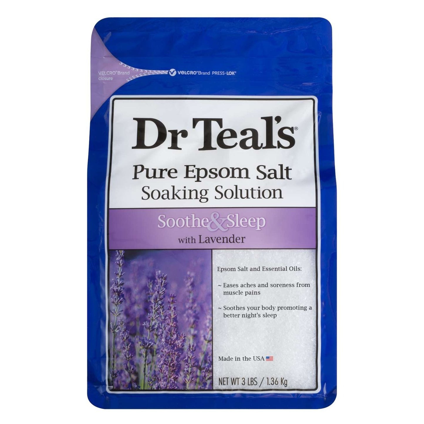 Dr. Teals calma el sueño con una solución de remojo de sal pura de Epsom de lavanda